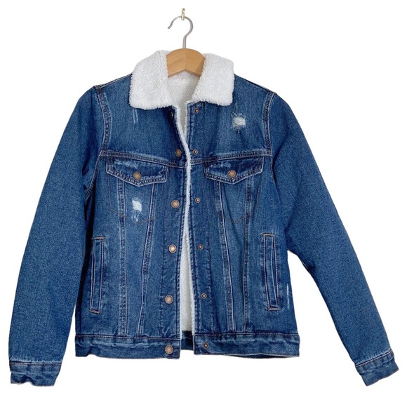 Denim Jacket Womens Small Sherpa Lined Trucker Distressed Fur Collar Cotton Poly - Picture 1 of 15
